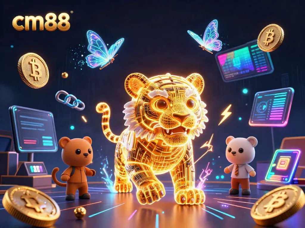 Experience thrilling gameplay at cm88 with a neon-wireframe tiger amidst digital casino elements.