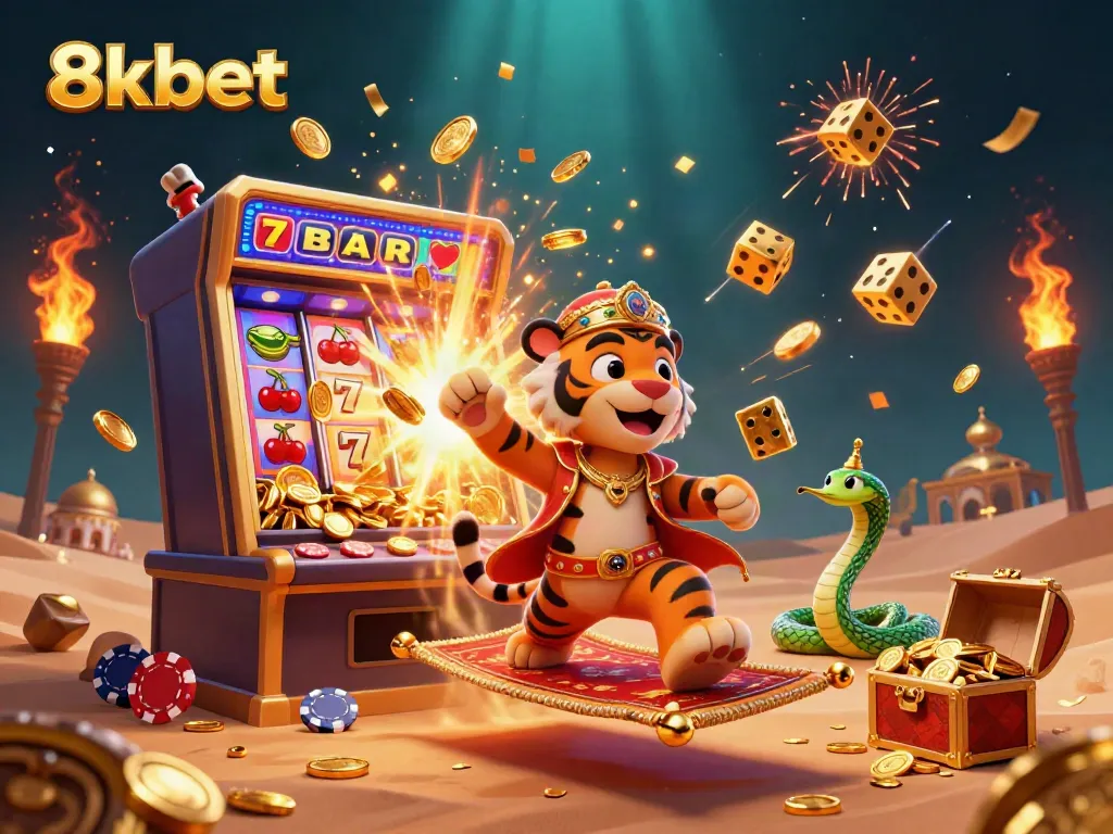 Experience adventures with 8kbet's vibrant casino scene, featuring a tiger sultan and jackpot action.