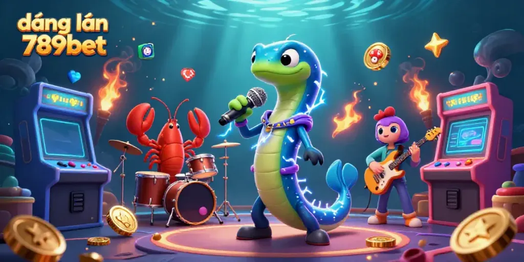 Engage in thrilling underwater fun with a colorful scene of đăng nhập 789bet featuring a DJ electric eel and a lively band at an underwater casino stage.