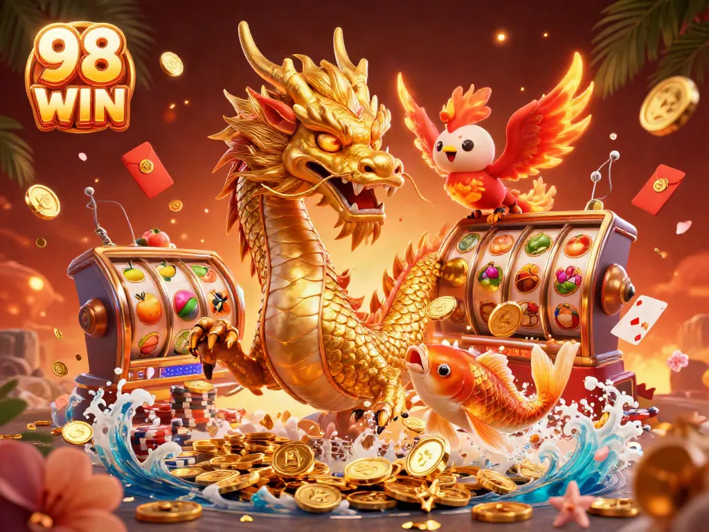 Experience the thrill of gaming with 98 WIN, showcasing vibrant slot reels and dynamic casino elements.