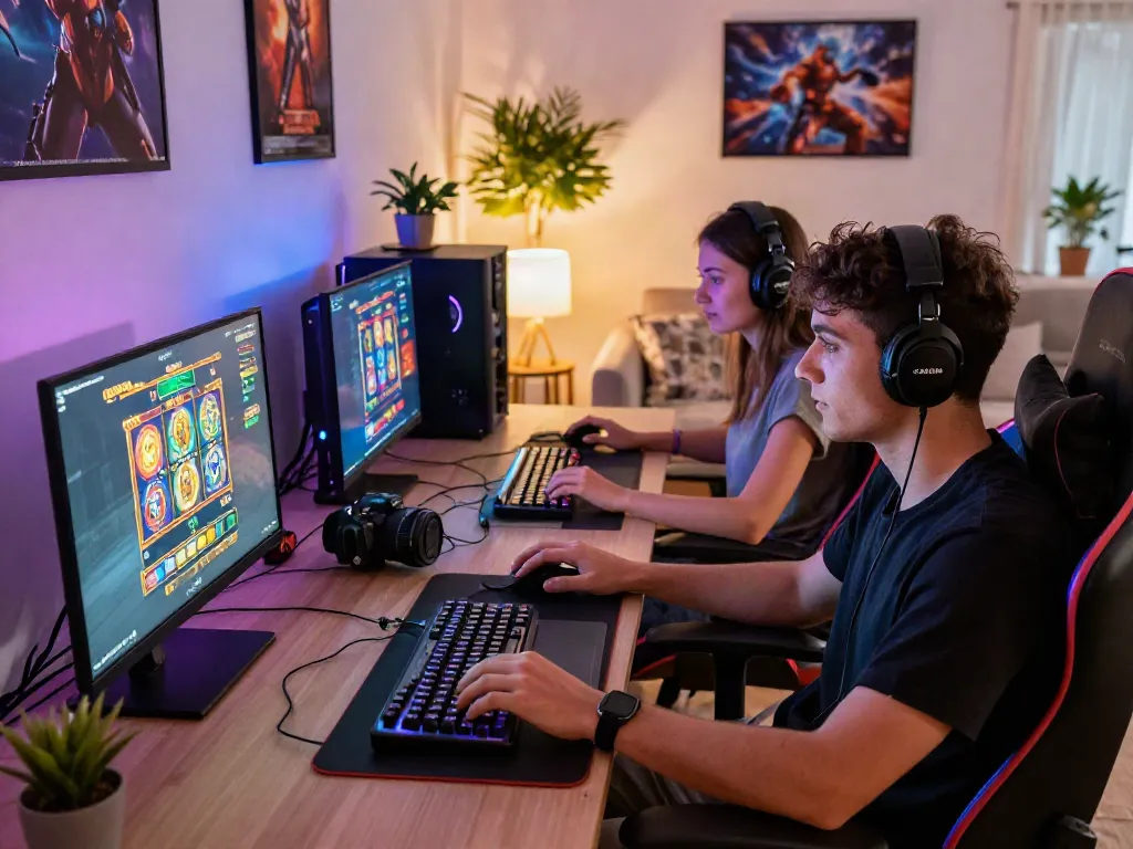 Exciting gaming session featuring situs slot gacor on colorful screens, a lively home environment.