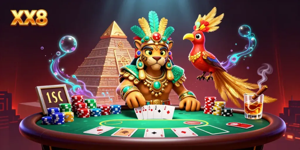 Experience the excitement of XX8 casino with the Mayan priest and quetzal bird amidst poker action.