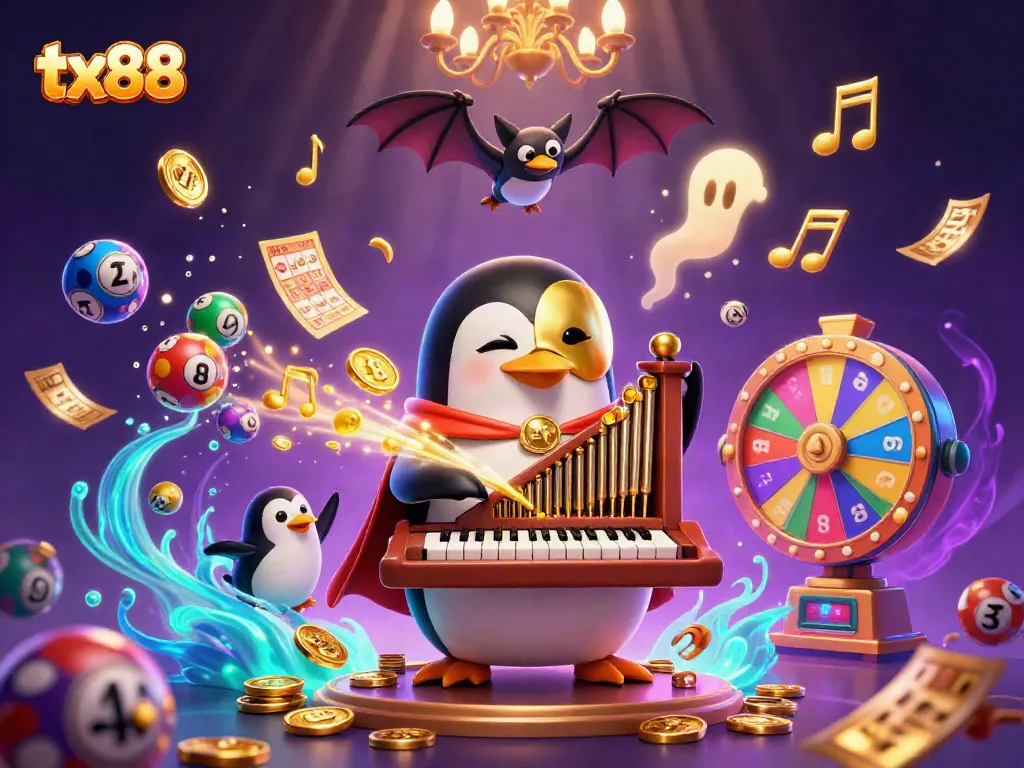 Experience the thrill of tx88 with vibrant lottery balls and a golden organ in a magical casino scene.