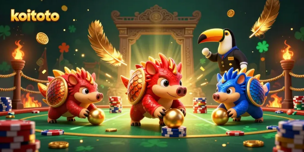 Koitoto menghadirkan ilustrasi 3D seru dengan pangolin berjuang lewat dadu emas dan chip poker di arena judi.