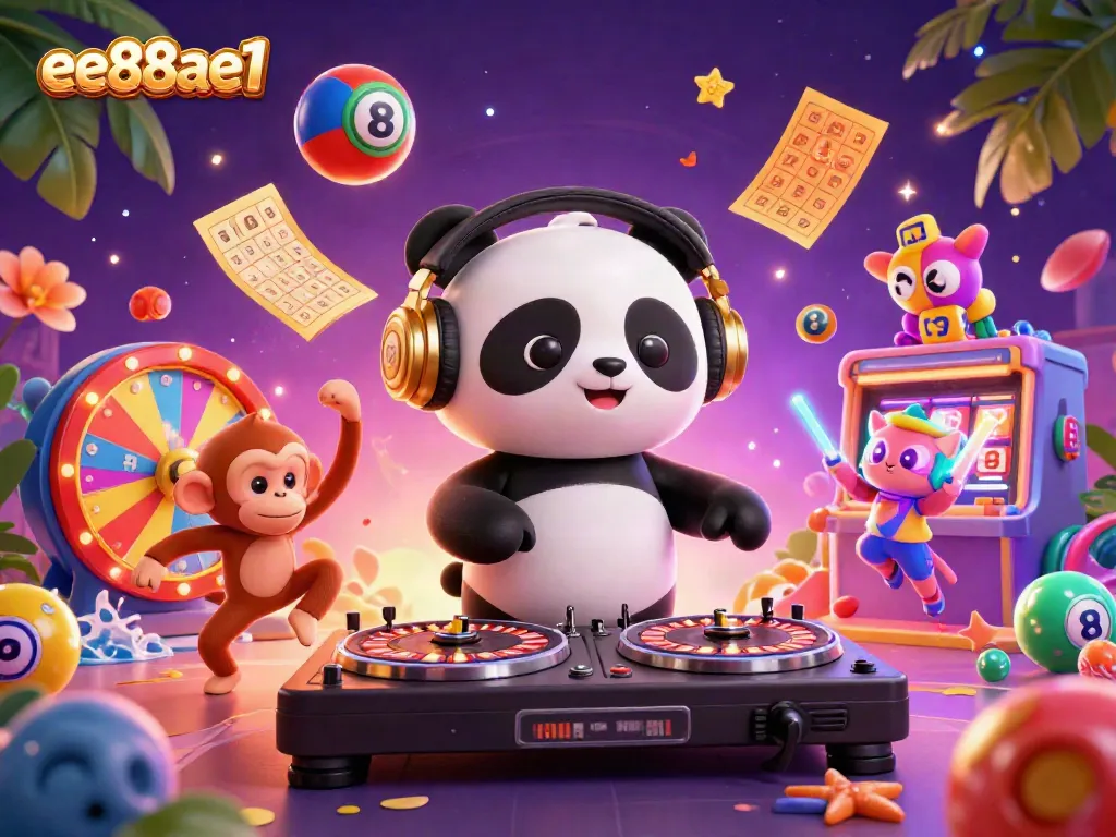 Join the fun at ee88ae1 with DJ panda spinning roulette wheels and vibrant lottery elements