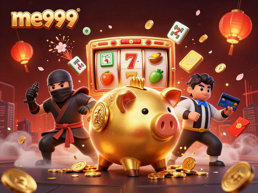 Experience thrilling wins with me999 as a golden piggy bank sumo wrestler dominates the casino scene.