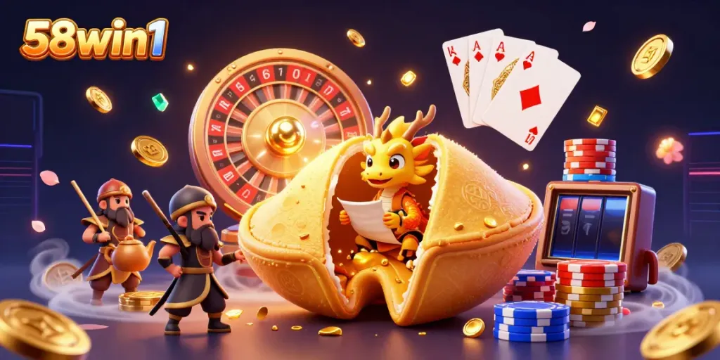 Experience the dynamic adventures of 58win1 in this captivating 3D casino world filled with fortune cookies, dragons, and golden treasures.