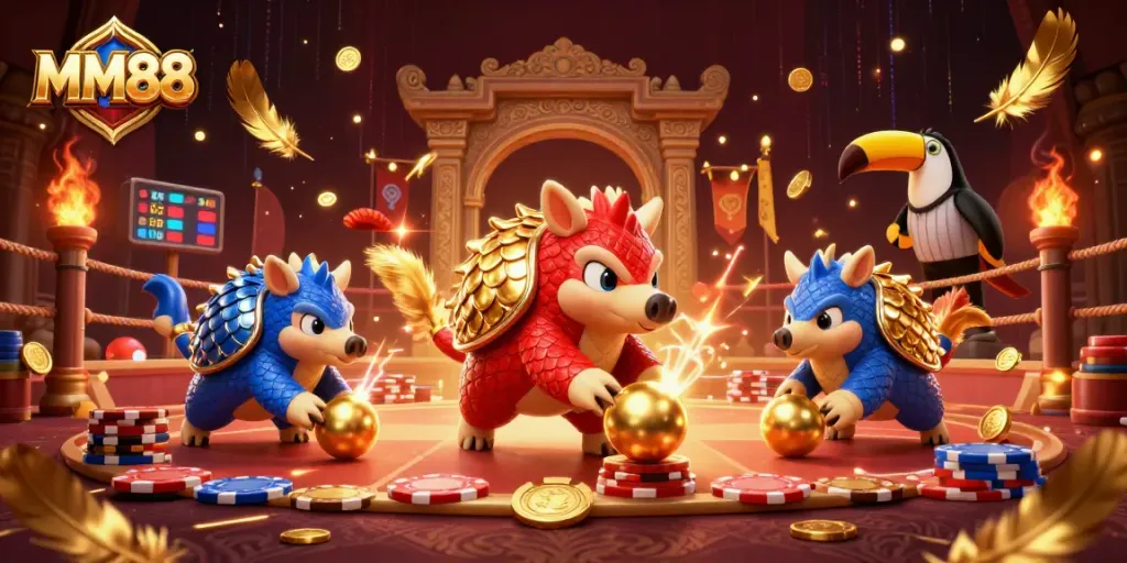 Experience the thrill of MM88 with rival pangolins battling in a dynamic casino scene filled with excitement.