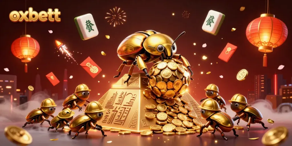 Experience the excitement of oxbett with a vibrant scene featuring golden beetles and casino elements.