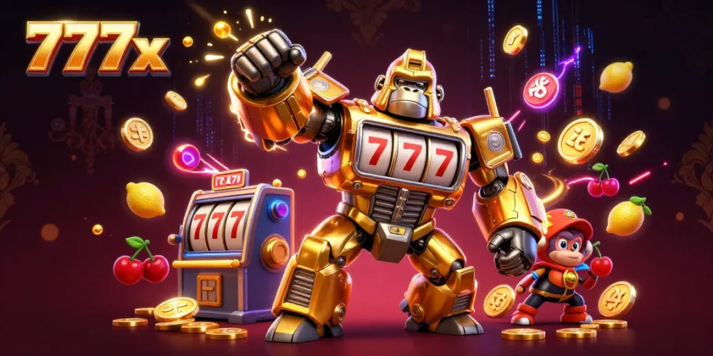 Engage with the vibrant world of 777x casino through an ultra-detailed 3D illustration showcasing a golden gorilla mech symbolizing excitement and fortune.