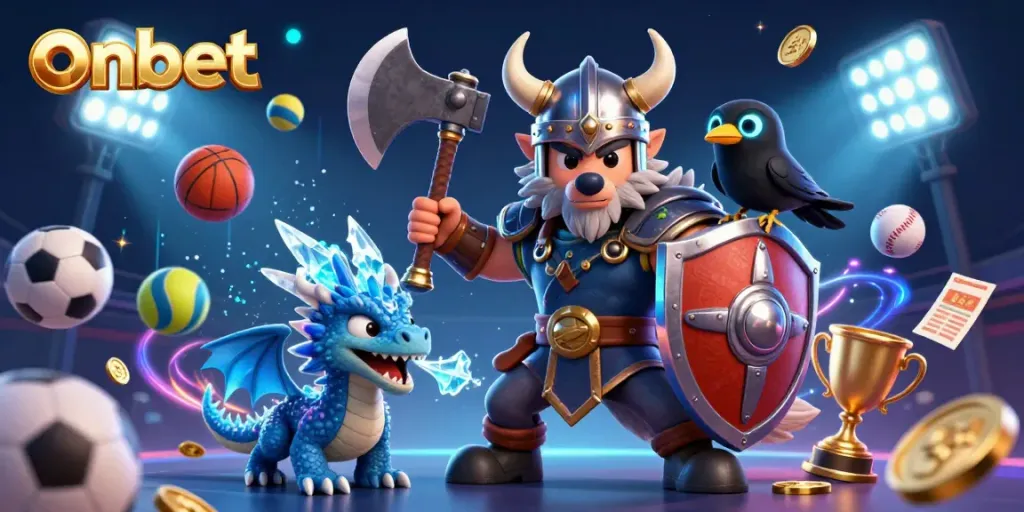 Engage with onbet's thrilling gaming scene featuring a Viking wolf warrior, dragon, and sports elements.