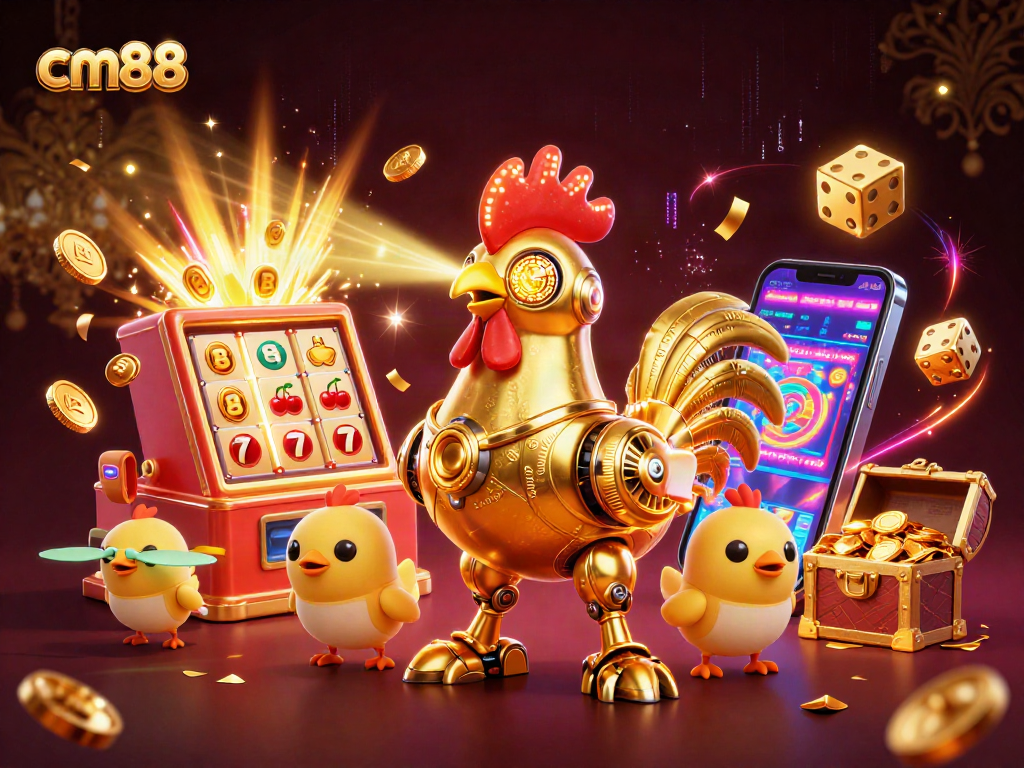 Experience thrilling wins with cm88 featuring a golden rooster robot and vibrant casino elements.