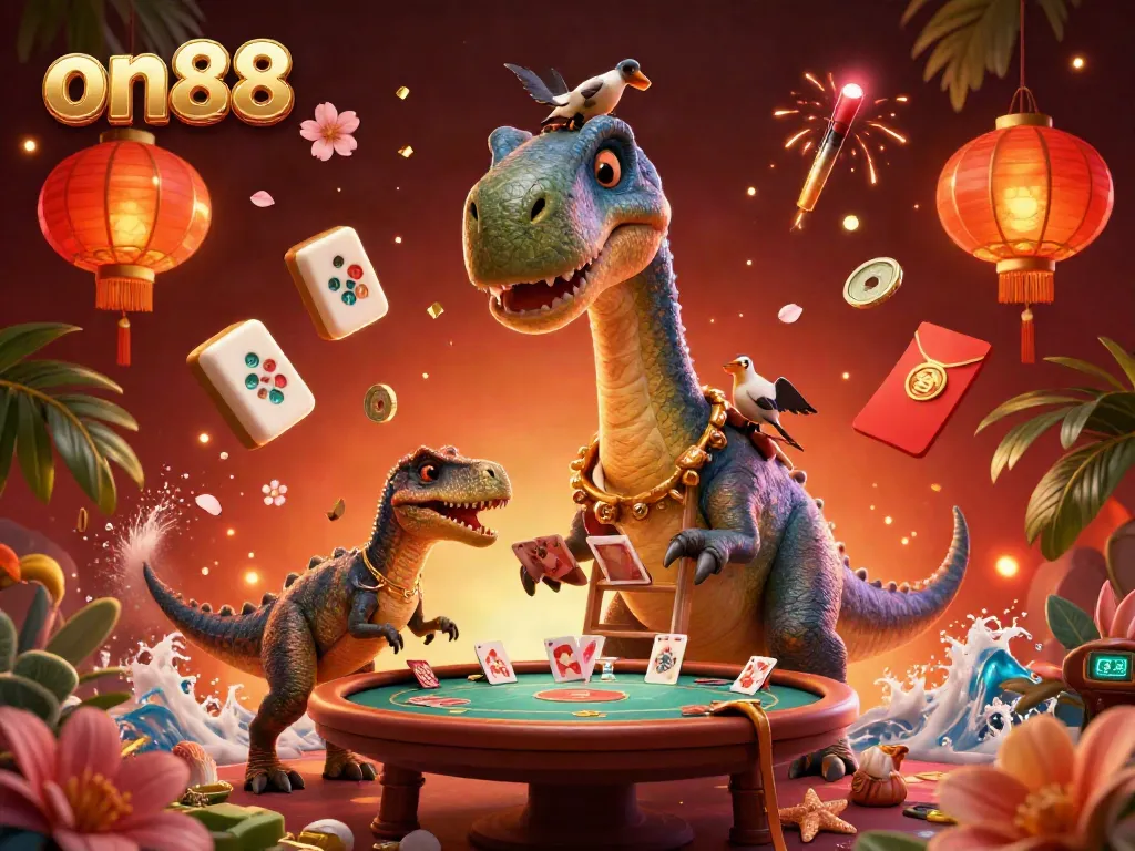 Experience thrilling card deals at on88 with a playful blend of vibrant casino elements and cartoon characters.