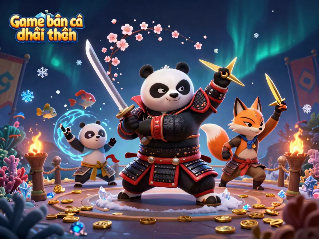 Immerse in Game bắn cá đổi thưởng as a samurai panda battles sea creatures with cinematic flair.