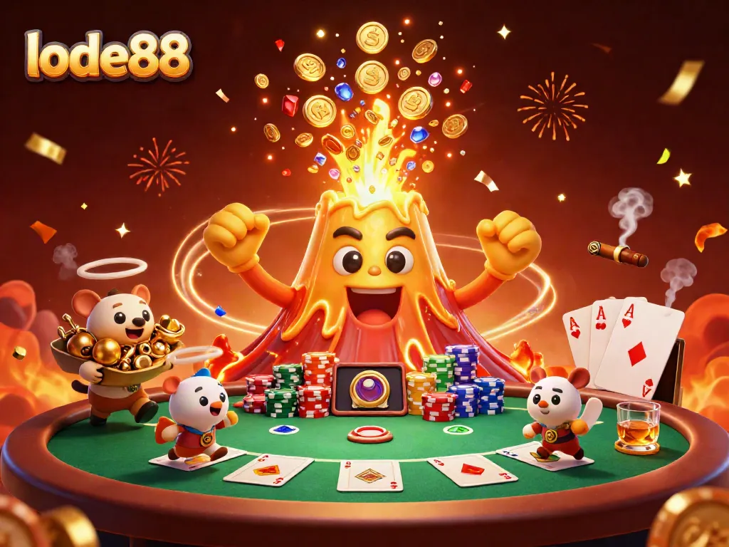 Experience lode88's thrilling casino scene with a golden volcano erupting treasures amidst poker excitement.