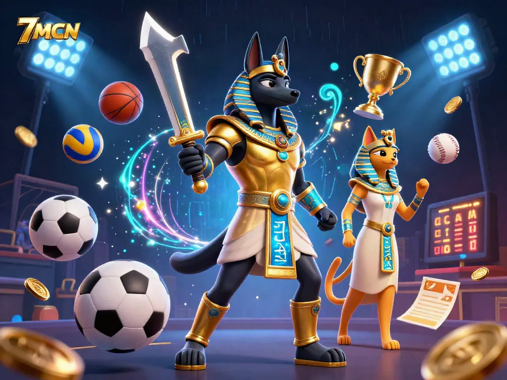 Engage with 7MCN's dynamic sports betting scene featuring energetic characters, flying sports balls, and exciting elements.