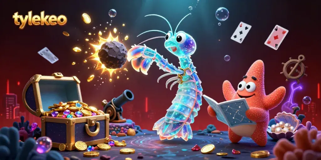 Engage in thrilling gameplay with tylekeo's vibrant underwater treasure hunt showcasing a mantis shrimp and starfish.