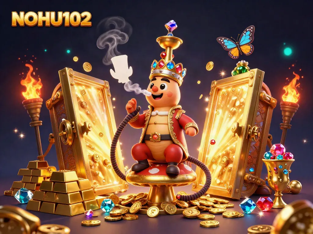 Engage with the captivating world of NOHU102 featuring a vibrant caterpillar smoking poker symbols amidst treasures and light.