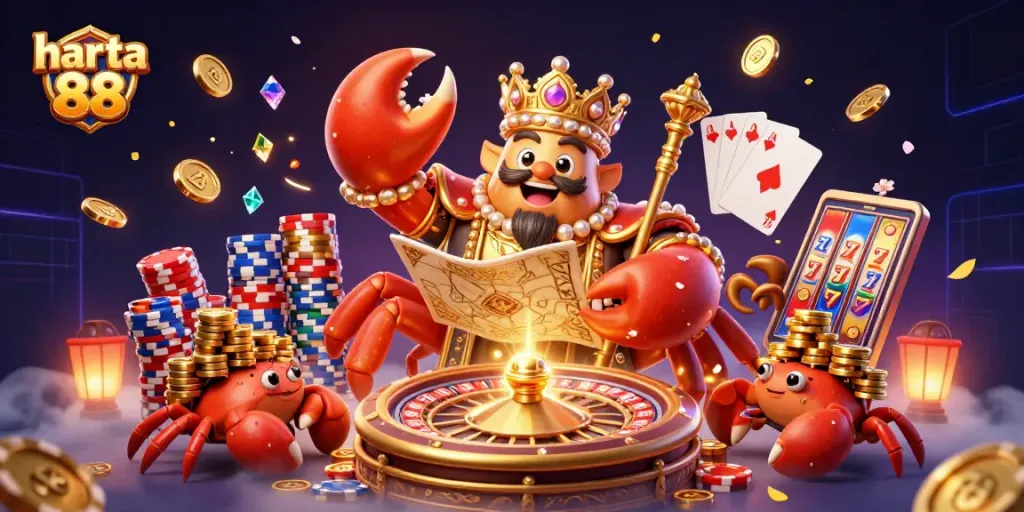 Join the excitement of harta 88 with the golden crab emperor amidst casino treasures and action.
