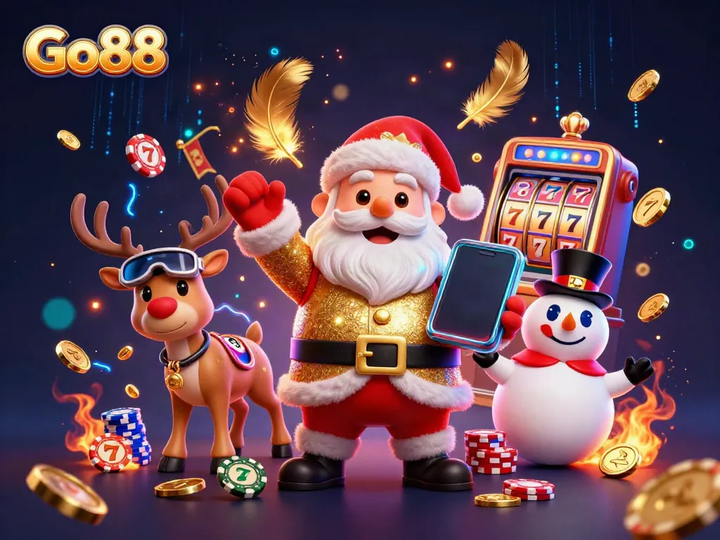 Experience the excitement of Go88 as Santa, his reindeer, and a snowman celebrate casino wins with dynamic gaming elements.