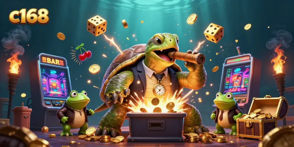 Experience the excitement of c168 with a bright casino scene featuring vibrant slot machines and characters.