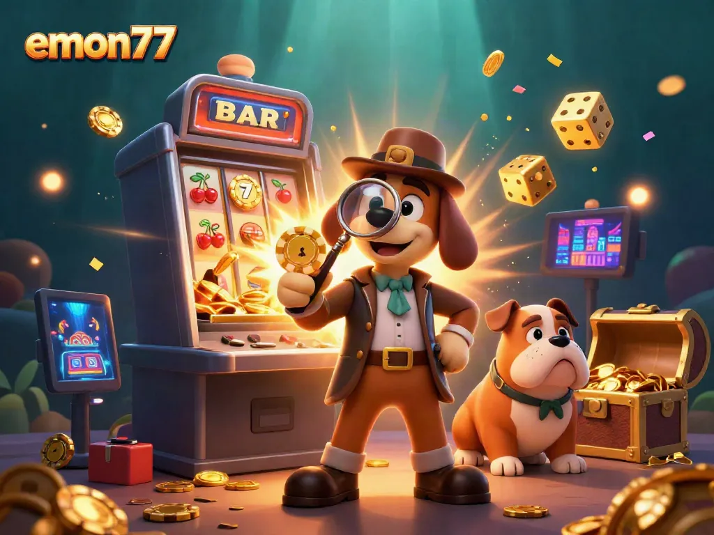 Play exciting games on emon77 with this vibrant 3D casino scene featuring a detective and treasures.