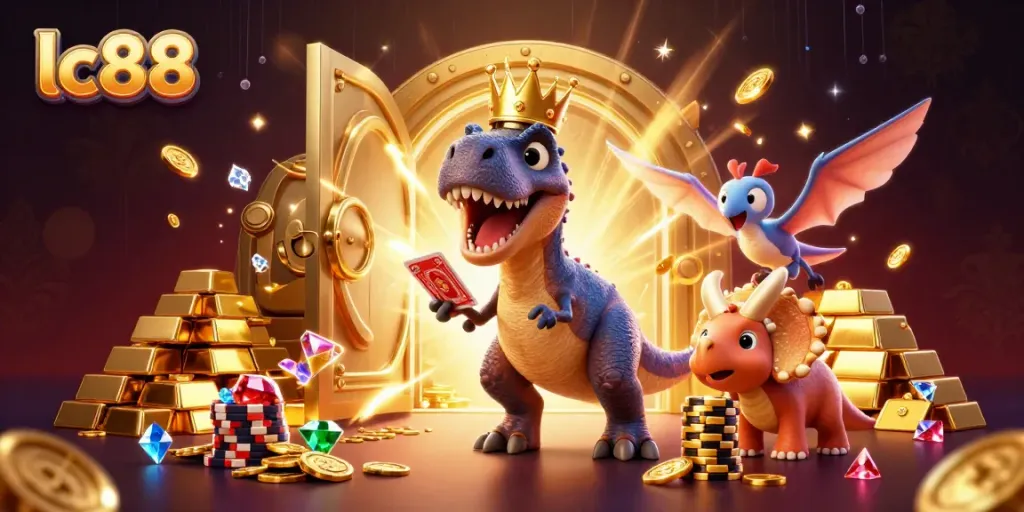lc88 gaming scene with a T-Rex and friends shuffling cards and stacking chips in a treasure-filled casino