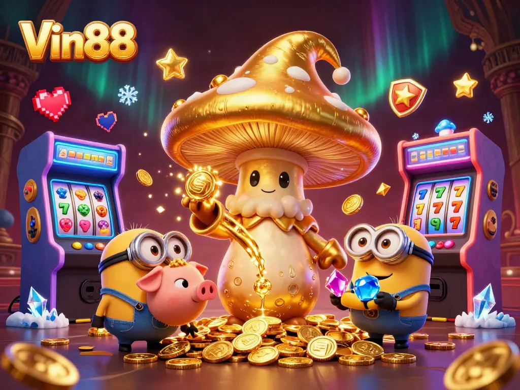 Experience thrilling wins with Vin88 in this colorful 3D casino illustration featuring magical characters and slot machines.