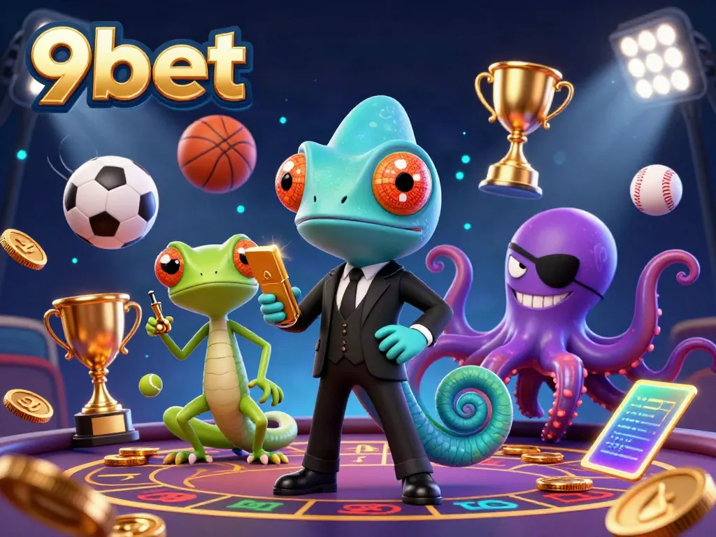 Experience thrilling gaming at 9bet with a dynamic casino scene featuring chameleon and octopus characters.