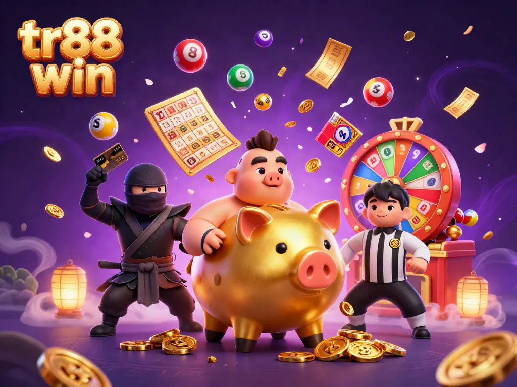 tr88 win showcases a vibrant gaming scene with a golden piggy bank sumo wrestler and colorful lottery elements