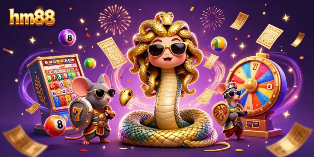 Experience thrilling gaming at hm88 with a vibrant casino illustration featuring Medusa and a warrior mouse.